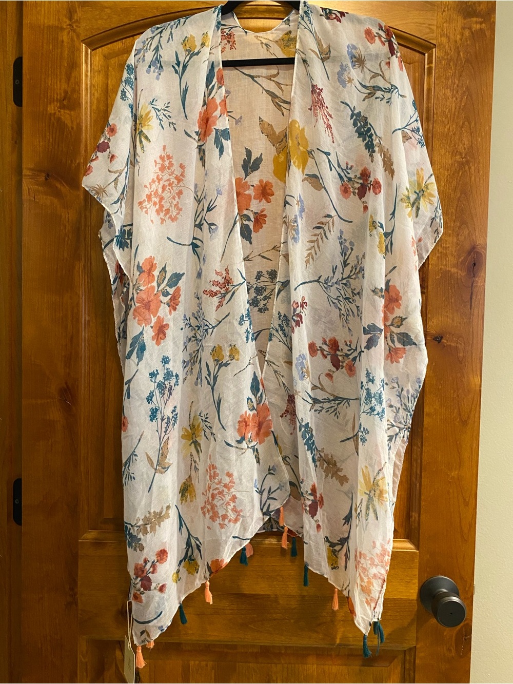 Lightweight White Floral Kimono Cover-Up with Multicolor Tassels
